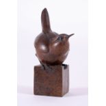 ‡Geoffrey Dashwood (b.1947)Wren on a cube 1990Signed and numbered 12/24Brown patinated bronze10cm