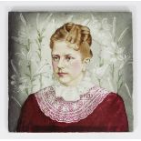 A large Minton Hollins & Co portrait tile, painted with a Victorian lady in red dress with lace