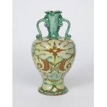 A Della Robbia pottery twin-handled vase by Arthur E Bells, dated 1898, shouldered form with applied