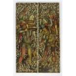 Two large Maw & Co four tile panels, each depicting a medieval hunting scene, one depicting a