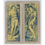 A pair of Copeland tile plaques, each painted with an allegorical maiden, one blowing a horn, the