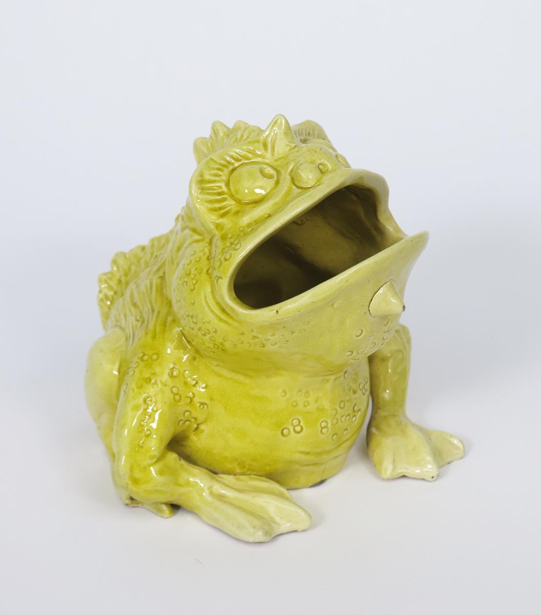 A Vodrey Pottery Dublin frog spoonwarmer designed by Frederick Vodrey, modelled seated with open