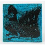 A William De Morgan Sand's End Pottery Ornate Bird tile, painted with a peacock bird in black on a