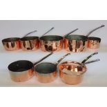 Harlequin set of eight various antique polished copper pans