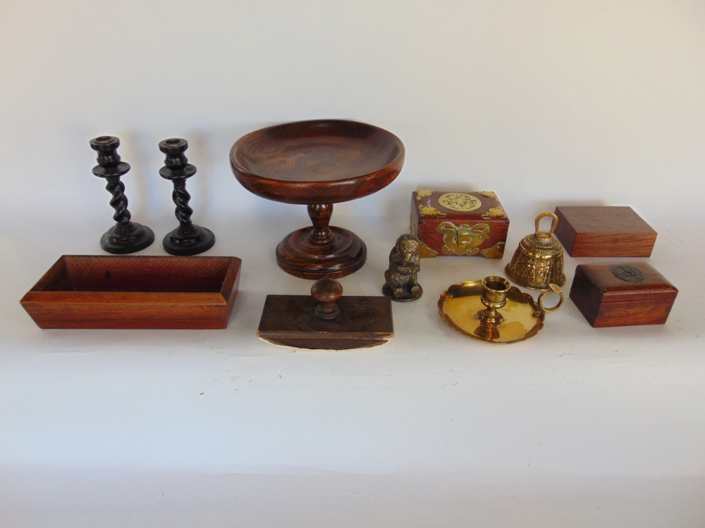 Mixed treen and metal ware lot to include a turned oak tazza, eastern brass bound casket with