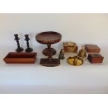 Mixed treen and metal ware lot to include a turned oak tazza, eastern brass bound casket with