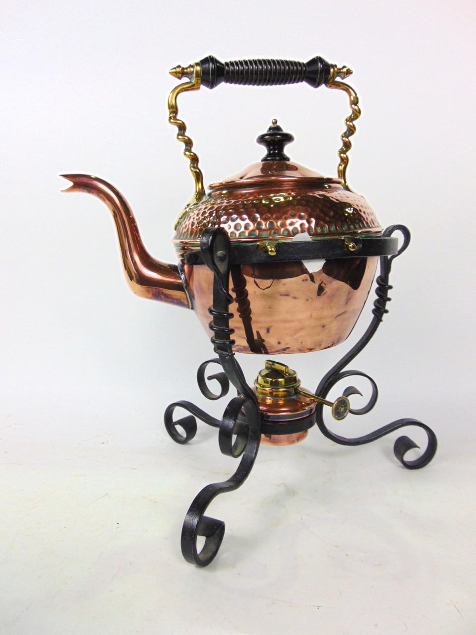 Antique copper riveted log bin; together with a Benson style planished copper spirit kettle upon a - Image 2 of 2