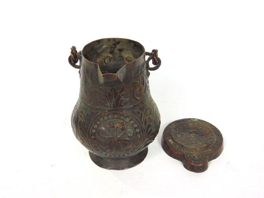 An interesting Tibetan copper shovel with brass relief decoration; together with an antique - Image 4 of 4