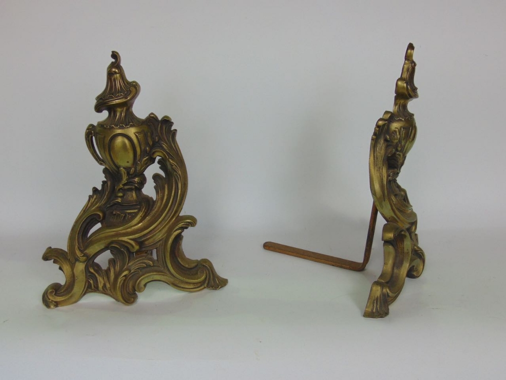 A mixed metalware lot to include an antique cast ormolu pair of chenets with centre piece, pair of - Image 3 of 4