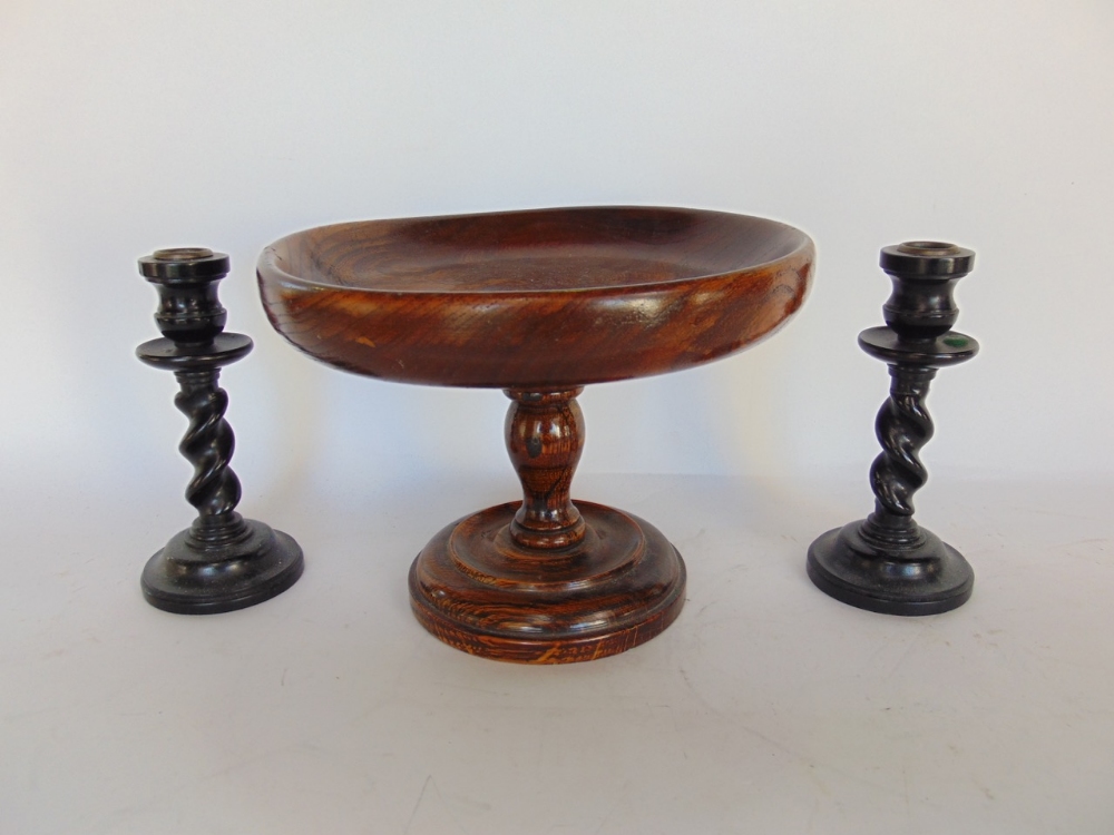 Mixed treen and metal ware lot to include a turned oak tazza, eastern brass bound casket with - Image 2 of 2