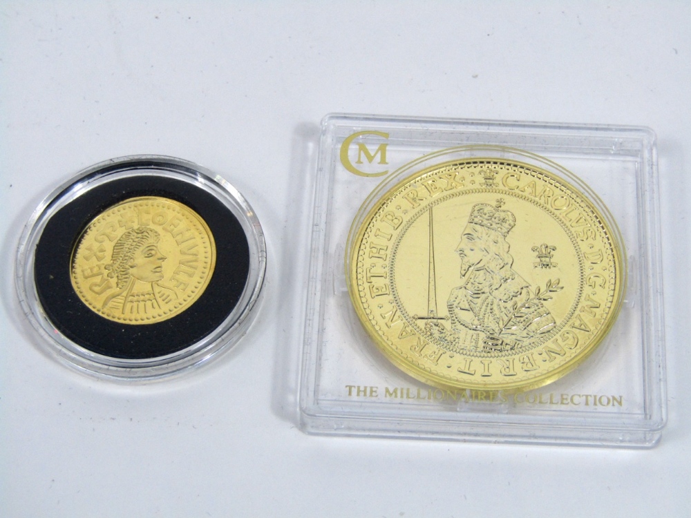 Replica Charles I Triple Unite silver gilt coin with further replica ancient gold coin