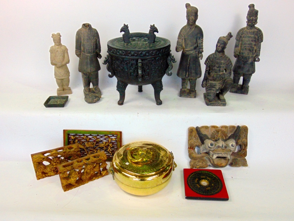 Mixed oriental lot to include antique style sensor/ice bucket; together with further wooden