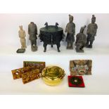 Mixed oriental lot to include antique style sensor/ice bucket; together with further wooden