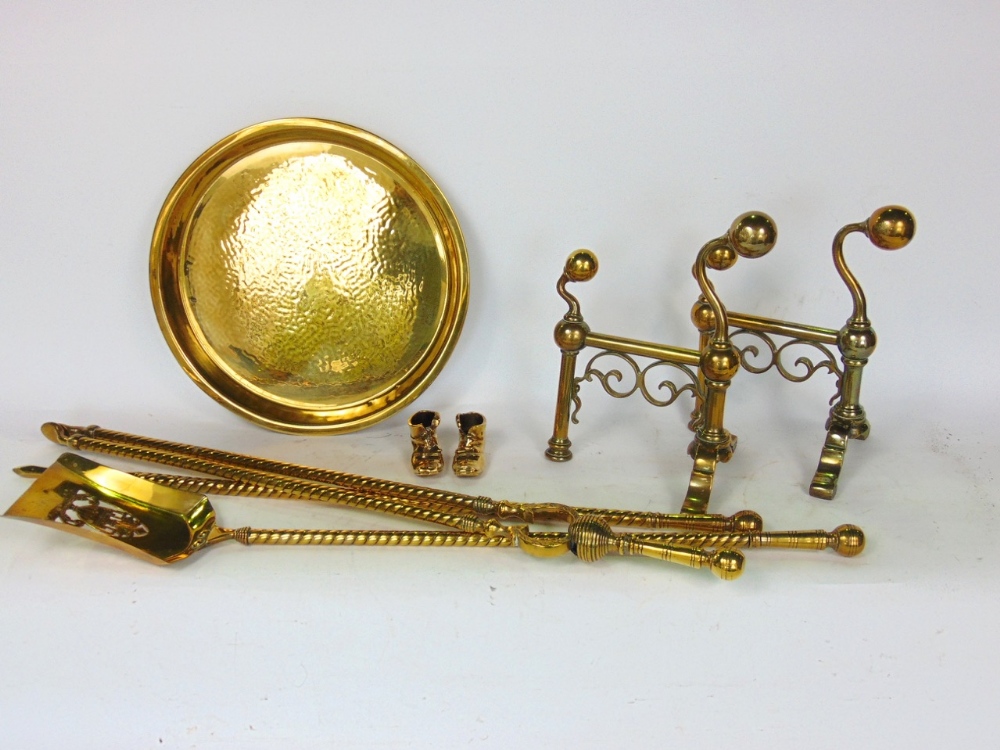 Set of three cast brass barley twist fire irons; together with a pair of fire dogs, brass trays