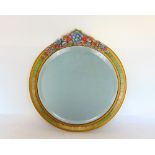 Circular barbola wall mirror with typical floral pediment and bevelled glass circular mirror, 45