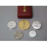 1966 gilded commemorative medallion, two Churchill crowns Barbados dollar and two HM Queen