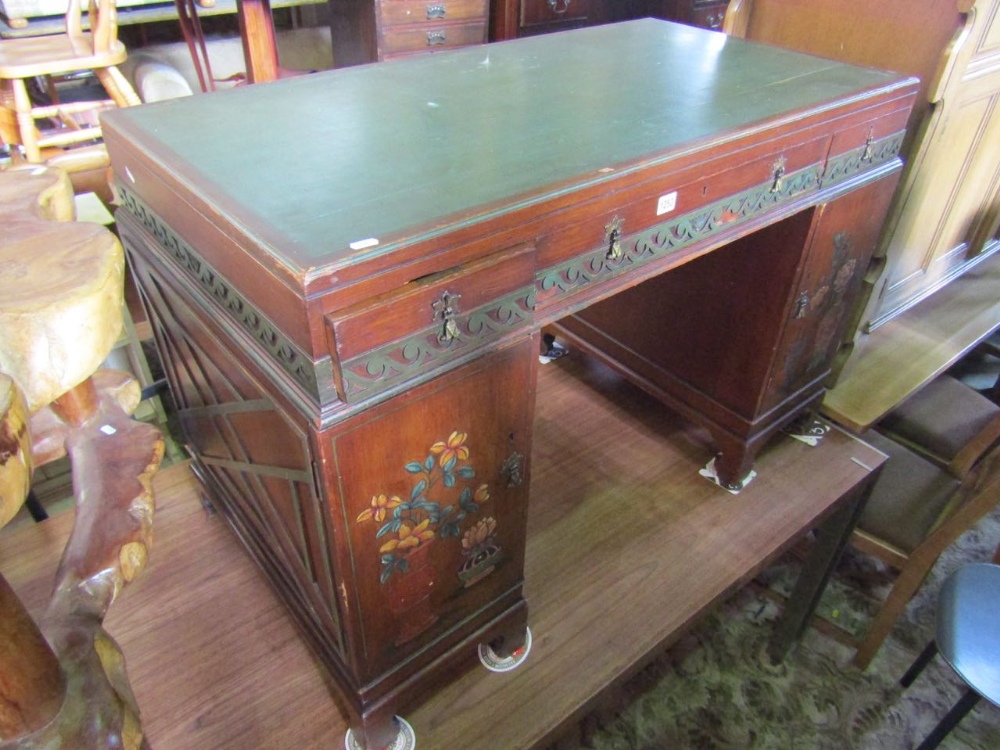 An Edwardian walnut kneehole desk in the Chinese Chippendale style with painted, fretwork and - Image 2 of 3