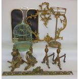 A mixed metalware lot to include an antique cast ormolu pair of chenets with centre piece, pair of