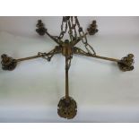 Five spoke cast brass ceiling light, with cast rococo type chain