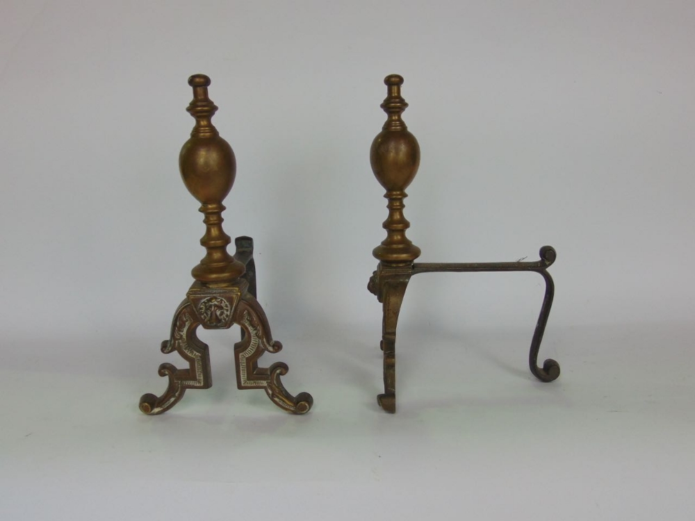 A mixed metalware lot to include an antique cast ormolu pair of chenets with centre piece, pair of - Image 4 of 4