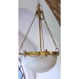 An art nouveau brass and frosted glass ceiling light, with beaded swag decoration; together with a