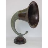 SG Brown Ltd of London - aluminium and cast metal amplifying horn upon a stepped square base, 52cm