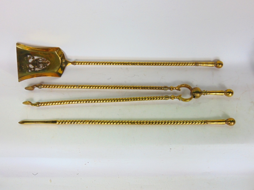 Set of three cast brass barley twist fire irons; together with a pair of fire dogs, brass trays - Image 3 of 3