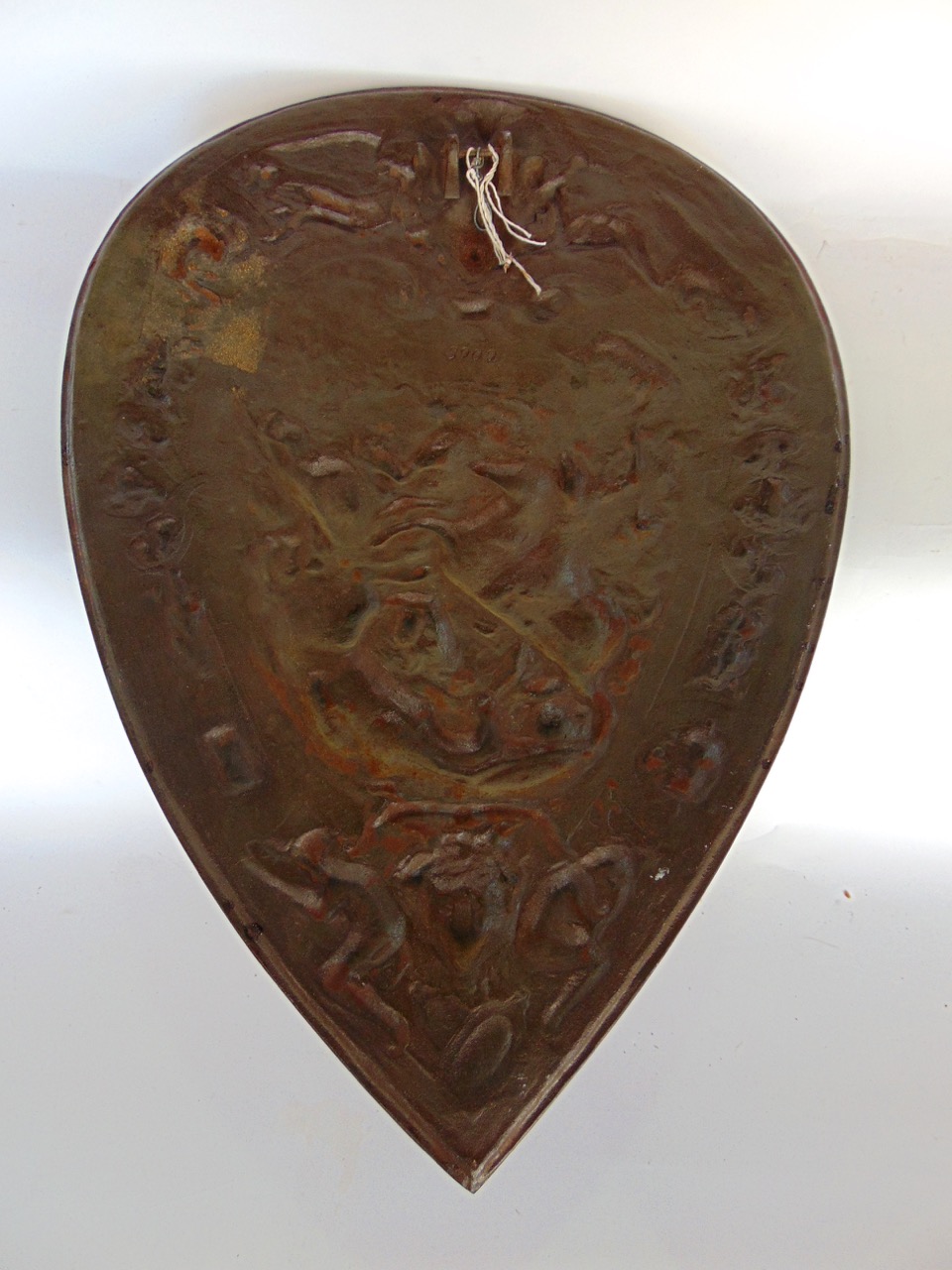 Victorian cast iron shield, a replica of the parade shield of Henry II of France, embossed with a - Image 3 of 4