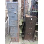 A vintage four drawer steel filing cabinet together with a further light steel storage locker