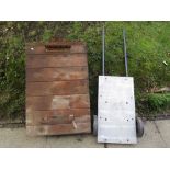 Two steel framed hand carts/trolleys, one with timber bed