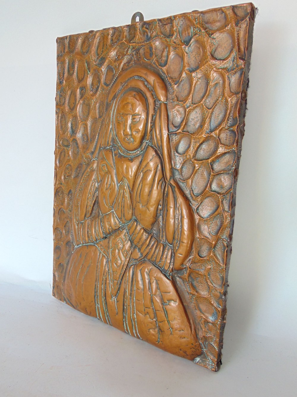 19th century embossed copper panel of a female character praying, with abstract surround, 39 x 28 - Image 2 of 2