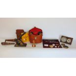 A box of interesting items to include a Victorian stamp set, a boxed engineers stationers kit, a