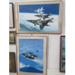 ,Two gouache studies of fighter planes by Pat Owen, one showing fighter jets over a snow topped