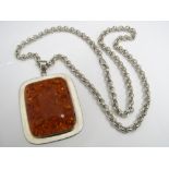 A substantial silver necklace with amber pendant (amber loose), 109g total