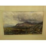 An early 20th century water colour of a mountainous coastal scene with sheep grazing to the