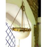 Art nouveau gilt brass domed glass ceiling light, with bobbin chain garland, 75cm long