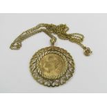 A 10 Franc gold coin dated 1922, in 9ct chain and mount, 7.5g total