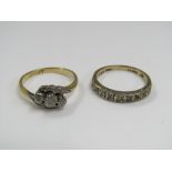 Two diamond rings, one three stone example in 18ct, 2.5g and the other a half eternity in 9ct, 2g,