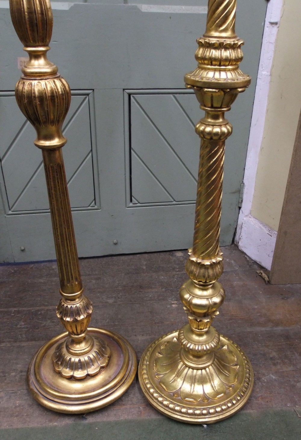 A near pair of gilded standard lamps with turned and fluted supports, raised on circular shaped - Image 2 of 2
