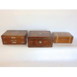Three 19th century wooden boxes to include burr walnut and mother of pearl inlaid two tier work box,