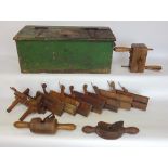 A 19th century box of interesting wood working tools to include sash fillister, spoke planes, etc