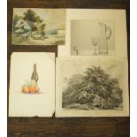 A portfolio containing a quantity of pencil drawings, figure studies, black and white etching by D