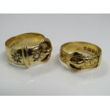 Two 18ct buckle rings with embossed decoration, one set with two diamonds, 13g total