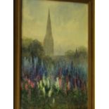 An early 20th century watercolour and bodycolour study of a church spire viewed through a mass of