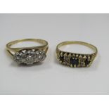 Two 18ct diamond rings, one claw set with sapphires, both size O, 7g total