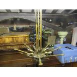 A good quality Art Deco period cast gilt metal and green painted highlighted hanging ceiling