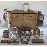 A mixed miscellaneous lot to include various antique lighting to include a leaded coloured glass