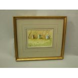 A small 20th century watercolour study of three beehives by Brian Davies SRSA, signed with