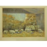 A pastel study by Jane Lampard of a barn interior scene of sheep and lambs, signed bottom right,