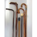 A collection of six various walking canes, one mounted with silver, others with horn, etc